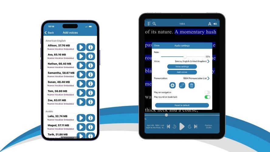 Graphic of a Tablet with a screenshot of the voices that can be added to EasyReader